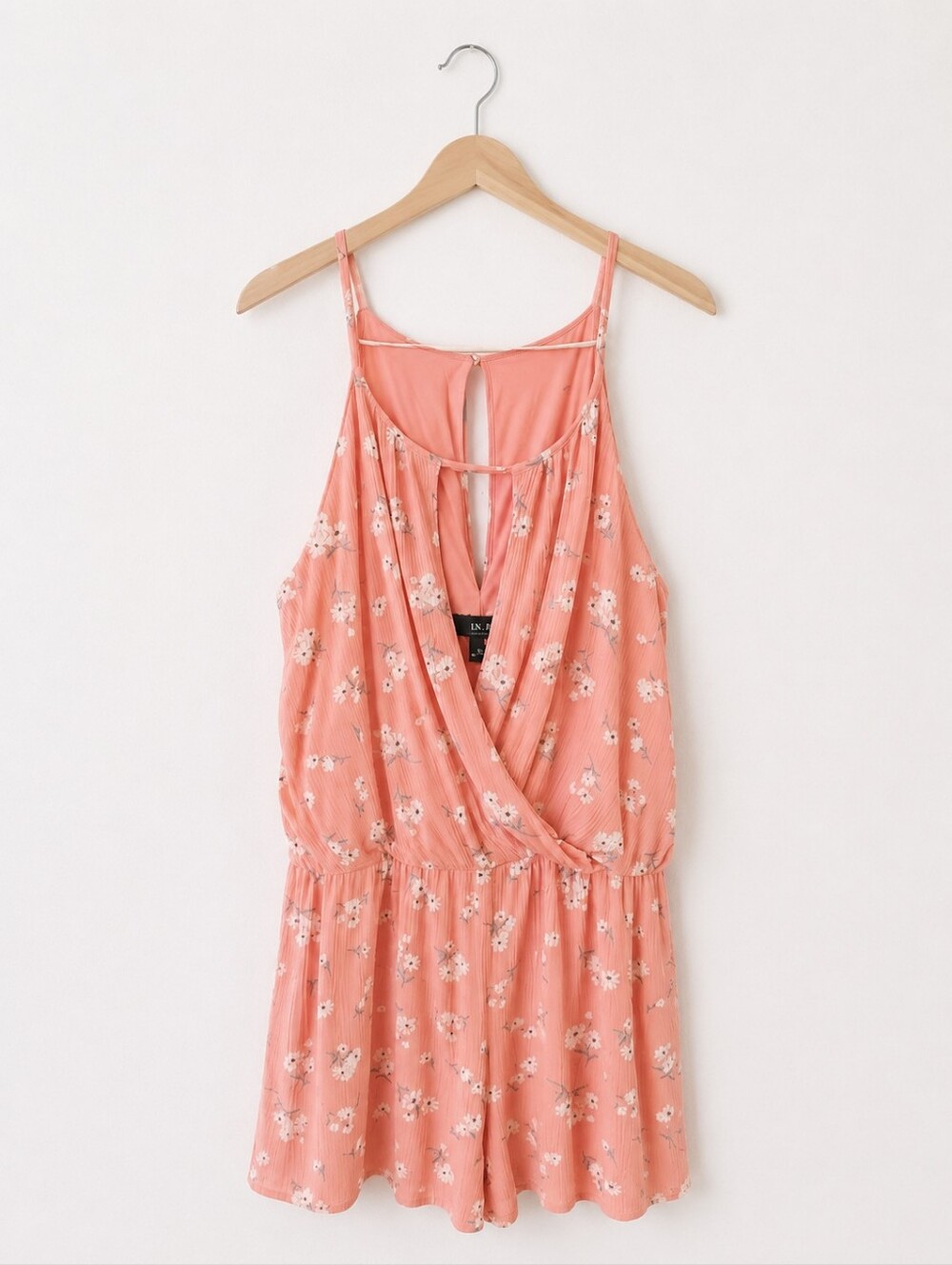 4/$15🟢•I.N. San Francisco Floral Sleeveless Faux Wrap-Front Romper